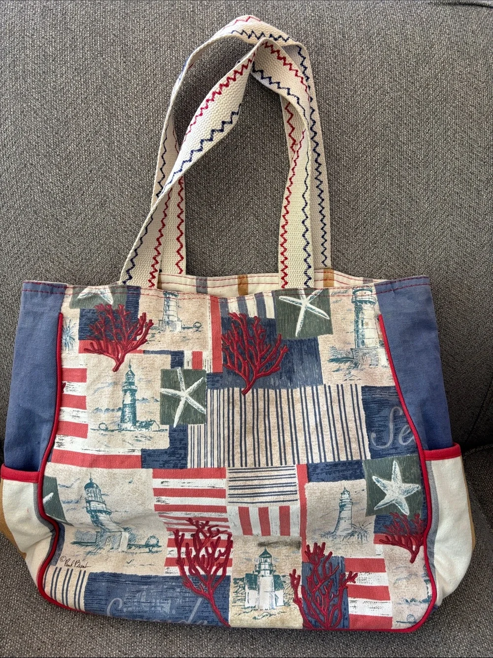 Paul Brent Seaside Patchwork Canvas Tote in Navy, Red, Cream